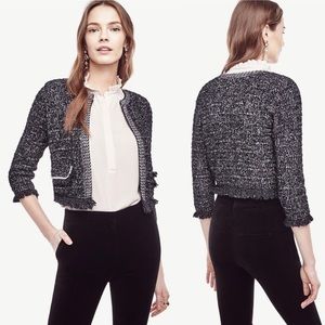 Ann Taylor Cropped Black & White Tweed Fringe Blazer Jacket